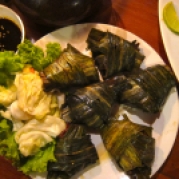 Gai Hor Bai Toey or seasoned chicken wrapped in padan leaves and fried. This local dish is just amazing especially at Riverside. You haven't lived until you try this. No you probably won't find this in the U.S.